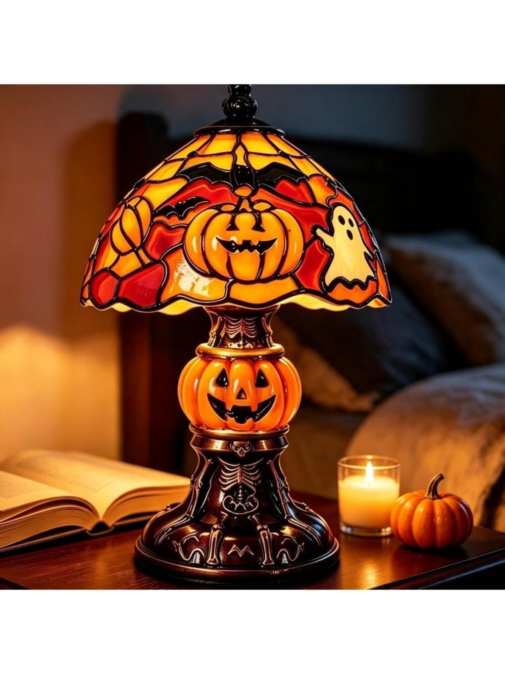 New Handmade Halloween Pumpkin Lamp Bat Pattern USB Powered Night Light Decor